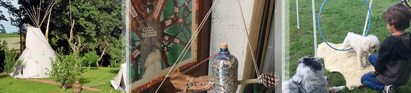 Bannerbild Eindrücke aus Projektarbeiten Bilderreihe aus den Projektarbeiten (v.l.n.r.): Zelt im Garten, Bastelarbeiten, Junge mit Hund der durch Reifen springt